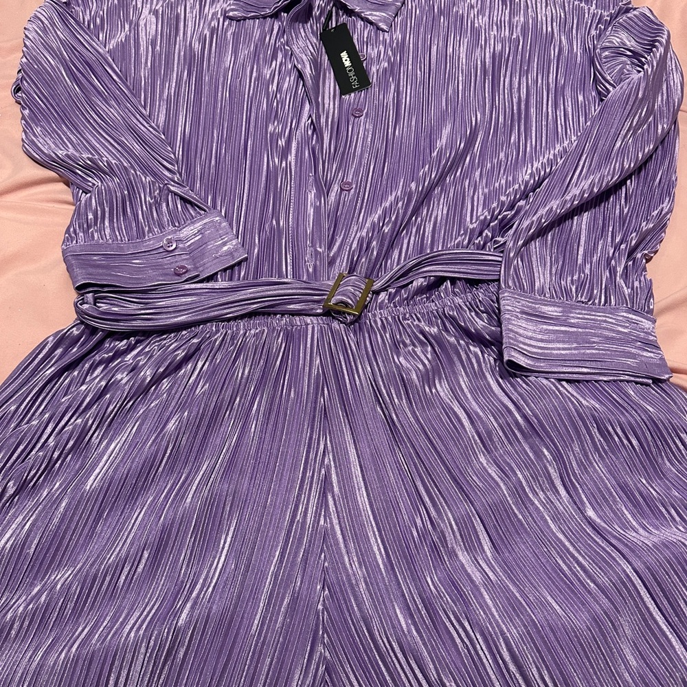 Fashion Nova Shimmery Lavender Pleated Long-Sleeve Shirt Dress with Belt